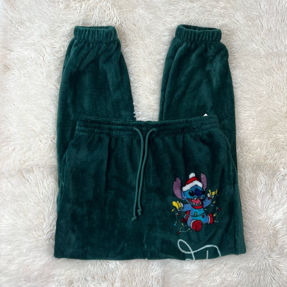 Disney Stitch green velour joggers stitch on leg Christmas loungewear NW…